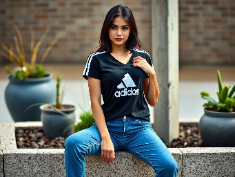 Esta es una toma de plano entero de una mujer joven con el cabello oscuro que lleva una camiseta negra corta con cuello en V de la marca Adidas con mangas cortas con rayas blancas dobles y unos pantalones vaqueros azules ajustados y rasgados con las rodillas cortadas y unos tenis blancos. Su pierna derecha está ligeramente adelantada con los dedos de los pies apuntando hacia la izquierda. Su mano derecha está sobre el muslo mientras que su mano izquierda sostiene la camiseta. Ella está mirando hacia la izquierda mientras sonríe directamente a la cámara. Ella se encuentra en una acera de adoquines de ladrillo, con plantas en macetas y un poste de hormigón detrás de ella.