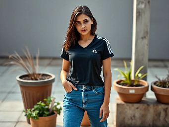 Esta es una toma de plano entero de una mujer joven con el cabello oscuro que lleva una camiseta negra corta con cuello en V de la marca Adidas con mangas cortas con rayas blancas dobles y unos pantalones vaqueros azules ajustados y rasgados con las rodillas cortadas y unos tenis blancos. Su pierna derecha está ligeramente adelantada con los dedos de los pies apuntando hacia la izquierda. Su mano derecha está sobre el muslo mientras que su mano izquierda sostiene la camiseta. Ella está mirando hacia la izquierda mientras sonríe directamente a la cámara. Ella se encuentra en una acera de adoquines de ladrillo, con plantas en macetas y un poste de hormigón detrás de ella.