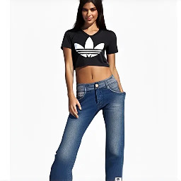 Esta es una toma de plano entero de una mujer joven con el cabello oscuro que lleva una camiseta negra corta con cuello en V de la marca Adidas con mangas cortas con rayas blancas dobles y unos pantalones vaqueros azules ajustados y rasgados con las rodillas cortadas y unos tenis blancos. Su pierna derecha está ligeramente adelantada con los dedos de los pies apuntando hacia la izquierda. Su mano derecha está sobre el muslo mientras que su mano izquierda sostiene la camiseta. Ella está mirando hacia la izquierda mientras sonríe directamente a la cámara. Ella se encuentra en una acera de adoquines de ladrillo, con plantas en macetas y un poste de hormigón detrás de ella.