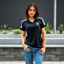 Esta es una toma de plano entero de una mujer joven con el cabello oscuro que lleva una camiseta negra corta con cuello en V de la marca Adidas con mangas cortas con rayas blancas dobles y unos pantalones vaqueros azules ajustados y rasgados con las rodillas cortadas y unos tenis blancos. Su pierna derecha está ligeramente adelantada con los dedos de los pies apuntando hacia la izquierda. Su mano derecha está sobre el muslo mientras que su mano izquierda sostiene la camiseta. Ella está mirando hacia la izquierda mientras sonríe directamente a la cámara. Ella se encuentra en una acera de adoquines de ladrillo, con plantas en macetas y un poste de hormigón detrás de ella.