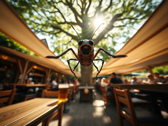 Subject-less first-person POV, flying at 2 meters height through a traditional Munich beer garden. The center of the frame is completely clear and open. In the far left and far right bottom corners, two separate, very thin, blurry black vertical silhouettes peek into the lens, pointing forward. No connection between these shapes at the bottom. Ahead, looking down at giant wooden beer garden tables with massive glass beer mugs filled with amber beer. Huge chestnut trees tower above. Sunlight filtering through leaves (komorebi). Extreme wide-angle lens, cinematic summer atmosphere, 8k, photorealistic, motion blur. Absolutely no insect head, no eyes, and no body parts visible. Just the world from a tiny perspective.