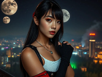 Ultra-photorealistic fantasy portrait, masterpiece, cinematic realism, 8K HDR, medium-format photography, physically based rendering, ultra-detailed skin with realistic pores, dim neon light, volumetric atmosphere, shallow depth of field.  Tila, a beautiful athletic cute slim petite regal 24 year old Caucasian-Korean female with soft rounded fine youthful nascent facial features facing the camera with a soft, confident gaze with bright pale hazel eyes with bright scarlet highlights. She has long thigh-length with side swept face framing bangs glossy black hair with dark chocolate brown highlights that is tied near the tip with a red silk hair scrunchie. She has warm almond skin pale pearlescent pale bronze eyeshadow & smoky eyeliner.  She wears a small tight cropped woven white cotton tank top. Her lower body is clad in low-rise black leather microskirt with box-pleats that sits low on her hips held up by black leather suspenders with tarnished silver buttons & buckles, black leather utility belt with small pouches with tarnished silver buckles & buttons. black silk thigh-high socks, long diamond necklace with a glowing blue bauble pendant, diamond bracelets with glowing baubles & beads. She wears crimson & black high-cut leather sneaker style boots. She wears skin-tight long black leather fingerless gloves, with an outer layer or short crimson leather fingerless gloves, with one arm adorned with a dark metal round studded elbow guard. The scene is set on a dark starry night with two moons of varying size in the sky & multicoloured auroras on the edge of an industrial cyberpunk metal clad skyscraper overlooking an industrial cyberpunk city with smoke, mist & a green glow surrounded by a lush expansive pine, spruce, sequoia & fir forest. Cinematic photography, DSLR camera photo taken with Canon EOS R5 75mm lens, real life captured details, genuine photo, authentic human details, micro details on skin, natural pores and fine hair, skin blemishes, visible beauty flaws, pretty natural appearance of the face, very beautiful looking people, detailed body positions, accurately shown facial details, natural lighting and realistic shadows,) A raw professional quality photorealistic high-detail natural realistic textures,  highly detailed  natural realistic textures, hyper realistic  soft detailed skin pores  textures.