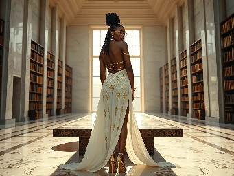 Ultra-detailed full body cinematic masterpiece, 8K, hyper-realistic shot low-angle below eye level at her waist looking up she's in the centre directly facing the camera lit by very faint sunlight. a graceful regal cute athletic voluptuous 20 year old East African Nubian/Habesha mixed princess standing in a vast white marble modern grand hall/library. She has thick elegant upswept bun long vellus dreadlocks loose locks framing her face with gold trinkets & radiant sweaty tanned dark cacao ebony skin. She has large bright regal hazel eyes framed with dark smoky eyeliner and pale shimmering gold eyeshadow & dark plum lipstick on her upper lip with a lighter plum tone on the lower lip. She wears a fitted very thin white chiffon silk halter bodice with a very deep plunging neckline & back and aa ankle-length flowing ribbon train made of two ribbon panels with dual wide symmetrical torso length splits along each leg, the dress has fine intricate angular shimmering gold symmetrical geometric pattern. Her jewelry is an elaborate black lace choker, gold circlet, earrings, chains, bracelets, armbands & anklets and elegant ivory & gold high stiletto shoes & glasses. She stands & leans back on a large ornate dark oak table eyes fixed on the camera. She has gold linear geometric patterns painted on her arms & shoulders. there's a puddle of water on the floor from her dripping wet dress. The setting is a grand sunlit white marble hall with tall soaring ceilings & grand white marble walls with towering dark wood shelves of books, a floor to ceiling rectangular-glass tinted window behind her with a polished patterned marble floor, casting warm amber diffused light and soft rim lighting around her silhouette. light rays cascade from the continuous glass windows near the ceiling refracting off the mild volumetric fog & dust in the room. The mood is bright, powerful & cinematic.  Palette of gold, white, ivory and amber.  Style: hyper-realistic & candid with afternoon sunlight in the grand space, diffused incandescent amber light, high detail, textures, no harsh direct bright light on the subject just warm refracted tones