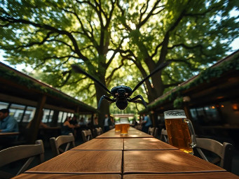 Subject-less first-person POV, flying at 2 meters height through a traditional Munich beer garden. The center of the frame is completely clear and open. In the far left and far right bottom corners, two separate, very thin, blurry black vertical silhouettes peek into the lens, pointing forward. No connection between these shapes at the bottom. Ahead, looking down at giant wooden beer garden tables with massive glass beer mugs filled with amber beer. Huge chestnut trees tower above. Sunlight filtering through leaves (komorebi). Extreme wide-angle lens, cinematic summer atmosphere, 8k, photorealistic, motion blur. Absolutely no insect head, no eyes, and no body parts visible. Just the world from a tiny perspective.