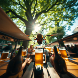 Subject-less first-person POV, flying at 2 meters height through a traditional Munich beer garden. The center of the frame is completely clear and open. In the far left and far right bottom corners, two separate, very thin, blurry black vertical silhouettes peek into the lens, pointing forward. No connection between these shapes at the bottom. Ahead, looking down at giant wooden beer garden tables with massive glass beer mugs filled with amber beer. Huge chestnut trees tower above. Sunlight filtering through leaves (komorebi). Extreme wide-angle lens, cinematic summer atmosphere, 8k, photorealistic, motion blur. Absolutely no insect head, no eyes, and no body parts visible. Just the world from a tiny perspective.
