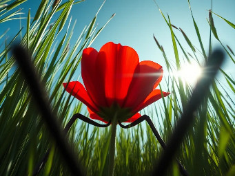 Subject-less 1st person POV, extreme close-up macro. The camera is placed 1 inch above ground. Two separate, fuzzy black vertical obstructions are positioned strictly in the far left and far right bottom corners, pointing toward the center background but never touching each other. They appear as blurry out-of-focus insect antennae. The central view is clear, showing a massive red flower looming ahead. Gigantic blades of grass flank the sides like trees. Cinematic sun flares hitting the lens, morning atmosphere, 8k resolution, ultra-wide angle, hyper-realistic. No animal head, no eyes, no mouth visible.