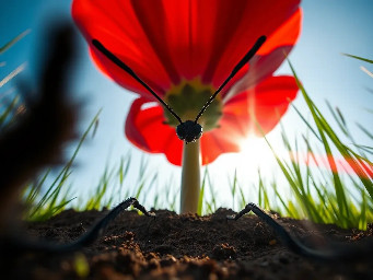 First-person POV from a tiny insect's perspective, 1-inch altitude. The center of the frame is completely clear and wide open. In the far left corner and far right corner of the foreground, two independent, unconnected, blurry black fuzzy shapes are peeking into the frame. These shapes look like out-of-focus, dark, hairy antennae pointing forward. There is no connection between the left and right shapes; the bottom center of the frame is empty soil and grass. Ahead, a massive red flower towers into the bright sky. Gigantic blades of grass stand like pillars on the sides. Extreme wide-angle lens, cinematic lens flares, morning dew, 8k, hyper-realistic macro photography. No animal faces, no bodies, no curved wire-like structures, just separate organic silhouettes.