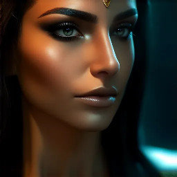 Ultra-photorealistic fantasy portrait, masterpiece, cinematic realism, 8K HDR, medium-format photography, physically based rendering, ultra-detailed skin with realistic pores, dramatic lighting, volumetric atmosphere, shallow depth of field.  Deity is Nephy, beautiful, tall 25 year old Egyptian-Turkish mixed enchantress, she has dark hazel eyes with amber highlights, with an inquisitive gaze. She has tanned almond radiant skin. She has shimmering dark blue eyeshadow and a smokey grey eyeliner. She has very long, glossy, thick, layered straight midnight black hair. She wears a black lace & satin and chiffon silk with a shimmering cobalt iridescence halter top with teardrop cutouts & microshorts. She wears ornate pale gold & dark blue sapphire cabochon jewelry; necklace with dark teal cabochon pendant, bracelets, earrings, anklets & rings. Black lace garter belt attached to thigh high sheer dark slate with a shimmering blue sparkling iridescence & pale gold lace upper border with pale gold filigree & dark sapphire cabochons.  Close-up centred portrait of a female deity laying slightly reclined on her side propped up on her elbows looking at the viewer on a large opulent ornate obsidian & gold open sarcophagus with ornately decorated silk sheets & puffy quilt in a dark chamber with sandstone rendered walls & polished white marble floors in a dimly candle lit Egyptian temple. the sheets are ivory with white floral embroidery, the thick quilt is a rich cream color with fine gold swirling filigree, numerous large white silk ribbons with ivory satin laurel leaf embroidery draped randomly on the sarcophagus. the scene though quite dark is illuminated by warm diffused amber candle light.Ultra-photorealistic fantasy portrait, masterpiece, cinematic realism, 8K HDR, medium-format photography, physically based rendering, ultra-detailed skin with realistic pores, dramatic lighting, volumetric atmosphere, shallow depth of field.  Deity is Nephy, beautiful, tall 25 year old Egyptian-Turkish mixed enchantress, she has dark hazel eyes with amber highlights, with an inquisitive gaze. She has tanned almond radiant skin. She has shimmering dark blue eyeshadow and a smokey grey eyeliner. She has very long, glossy, thick, layered straight midnight black hair. She wears a black lace & satin and chiffon silk with a shimmering cobalt iridescence halter top with teardrop cutouts & microshorts. She wears ornate pale gold & dark blue sapphire cabochon jewelry; necklace with dark teal cabochon pendant, bracelets, earrings, anklets & rings. Black lace garter belt attached to thigh high sheer dark slate with a shimmering blue sparkling iridescence & pale gold lace upper border with pale gold filigree & dark sapphire cabochons.  Close-up centred portrait of a female deity laying slightly reclined on her side propped up on her elbows looking at the viewer on a large opulent ornate obsidian & gold open sarcophagus with ornately decorated silk sheets & puffy quilt in a dark chamber with sandstone rendered walls & polished white marble floors in a dimly candle lit Egyptian temple. the sheets are ivory with white floral embroidery, the thick quilt is a rich cream color with fine gold swirling filigree, numerous large white silk ribbons with ivory satin laurel leaf embroidery draped randomly on the sarcophagus. the scene though quite dark is illuminated by warm diffused amber candle light.