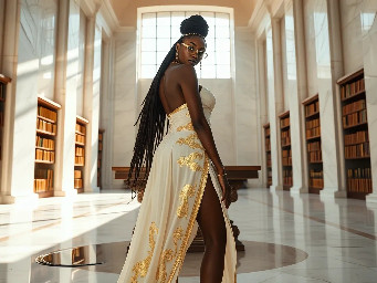 Ultra-detailed full body cinematic masterpiece, 8K, hyper-realistic shot low-angle below eye level at her waist looking up she's in the centre directly facing the camera lit by very faint sunlight. a graceful regal cute athletic voluptuous 20 year old East African Nubian/Habesha mixed princess standing in a vast white marble modern grand hall/library. She has thick elegant upswept bun long vellus dreadlocks loose locks framing her face with gold trinkets & radiant sweaty tanned dark cacao ebony skin. She has large bright regal hazel eyes framed with dark smoky eyeliner and pale shimmering gold eyeshadow & dark plum lipstick on her upper lip with a lighter plum tone on the lower lip. She wears a fitted very thin white chiffon silk halter bodice with a very deep plunging neckline & back and aa ankle-length flowing ribbon train made of two ribbon panels with dual wide symmetrical torso length splits along each leg, the dress has fine intricate angular shimmering gold symmetrical geometric pattern. Her jewelry is an elaborate black lace choker, gold circlet, earrings, chains, bracelets, armbands & anklets and elegant ivory & gold high stiletto shoes & glasses. She stands & leans back on a large ornate dark oak table eyes fixed on the camera. She has gold linear geometric patterns painted on her arms & shoulders. there's a puddle of water on the floor from her dripping wet dress. The setting is a grand sunlit white marble hall with tall soaring ceilings & grand white marble walls with towering dark wood shelves of books, a floor to ceiling rectangular-glass tinted window behind her with a polished patterned marble floor, casting warm amber diffused light and soft rim lighting around her silhouette. light rays cascade from the continuous glass windows near the ceiling refracting off the mild volumetric fog & dust in the room. The mood is bright, powerful & cinematic.  Palette of gold, white, ivory and amber.  Style: hyper-realistic & candid with afternoon sunlight in the grand space, diffused incandescent amber light, high detail, textures, no harsh direct bright light on the subject just warm refracted tones