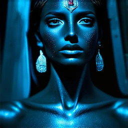Ultra-photorealistic fantasy portrait, masterpiece, cinematic realism, 8K HDR, medium-format photography, physically based rendering, ultra-detailed skin with realistic pores, dramatic lighting, volumetric atmosphere, shallow depth of field.  Deity is Nephy, beautiful, tall 25 year old Egyptian-Turkish mixed enchantress, she has dark hazel eyes with amber highlights, with an inquisitive gaze. She has tanned almond radiant skin. She has shimmering dark blue eyeshadow and a smokey grey eyeliner. She has very long, glossy, thick, layered straight midnight black hair. She wears a black lace & satin and chiffon silk with a shimmering cobalt iridescence halter top with teardrop cutouts & microshorts. She wears ornate pale gold & dark blue sapphire cabochon jewelry; necklace with dark teal cabochon pendant, bracelets, earrings, anklets & rings. Black lace garter belt attached to thigh high sheer dark slate with a shimmering blue sparkling iridescence & pale gold lace upper border with pale gold filigree & dark sapphire cabochons.  Close-up centred portrait of a female deity laying slightly reclined on her side propped up on her elbows looking at the viewer on a large opulent ornate obsidian & gold open sarcophagus with ornately decorated silk sheets & puffy quilt in a dark chamber with sandstone rendered walls & polished white marble floors in a dimly candle lit Egyptian temple. the sheets are ivory with white floral embroidery, the thick quilt is a rich cream color with fine gold swirling filigree, numerous large white silk ribbons with ivory satin laurel leaf embroidery draped randomly on the sarcophagus. the scene though quite dark is illuminated by warm diffused amber candle light.Ultra-photorealistic fantasy portrait, masterpiece, cinematic realism, 8K HDR, medium-format photography, physically based rendering, ultra-detailed skin with realistic pores, dramatic lighting, volumetric atmosphere, shallow depth of field.  Deity is Nephy, beautiful, tall 25 year old Egyptian-Turkish mixed enchantress, she has dark hazel eyes with amber highlights, with an inquisitive gaze. She has tanned almond radiant skin. She has shimmering dark blue eyeshadow and a smokey grey eyeliner. She has very long, glossy, thick, layered straight midnight black hair. She wears a black lace & satin and chiffon silk with a shimmering cobalt iridescence halter top with teardrop cutouts & microshorts. She wears ornate pale gold & dark blue sapphire cabochon jewelry; necklace with dark teal cabochon pendant, bracelets, earrings, anklets & rings. Black lace garter belt attached to thigh high sheer dark slate with a shimmering blue sparkling iridescence & pale gold lace upper border with pale gold filigree & dark sapphire cabochons.  Close-up centred portrait of a female deity laying slightly reclined on her side propped up on her elbows looking at the viewer on a large opulent ornate obsidian & gold open sarcophagus with ornately decorated silk sheets & puffy quilt in a dark chamber with sandstone rendered walls & polished white marble floors in a dimly candle lit Egyptian temple. the sheets are ivory with white floral embroidery, the thick quilt is a rich cream color with fine gold swirling filigree, numerous large white silk ribbons with ivory satin laurel leaf embroidery draped randomly on the sarcophagus. the scene though quite dark is illuminated by warm diffused amber candle light.
