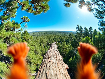 First-person POV from a squirrel's perspective, 30 meters high on a pine tree tip. The center of the frame is completely clear and wide open. In the far left and far right bottom corners, two unconnected blurry reddish-brown furry shapes peek into the frame, representing whiskers and paws pointing forward. There is no connection between the left and right shapes; the bottom center of the frame shows the rough bark of a thin branch. Ahead, a massive sea of green forest canopy stretches to the horizon under a bright blue sky. Small pine needles and cones are visible in extreme close-up at the edges. Extreme wide-angle lens, slight fisheye effect, cinematic sunlight, 8k, hyper-realistic photography. No animal faces or heads visible.