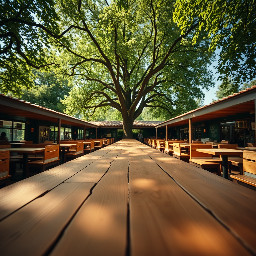 Ground-level, extreme wide-angle 12mm shot inside a Munich beer garden. The camera is floating at 2 meters height, but everything is scaled up to appear monolithic. Giant wooden planks of a table stretch out like a vast landing strip. In the distance, a massive glass Maßkrug towers like a glass skyscraper. Huge chestnut leaves above form a dense, colossal canopy. The center of the frame is completely empty and clear, looking down a long row of tables. Cinematic summer sunlight. 8k resolution, hyper-realistic, architectural macro style. Negative: No insects, no animals, no people, no faces, no organic creatures, no flying objects.