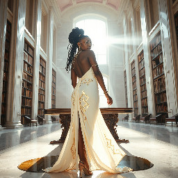 Ultra-detailed full body cinematic masterpiece, 8K, hyper-realistic shot low-angle below eye level at her waist looking up she's in the centre directly facing the camera lit by very faint sunlight. a graceful regal cute athletic voluptuous 20 year old East African Nubian/Habesha mixed princess standing in a vast white marble modern grand hall/library. She has thick elegant upswept bun long vellus dreadlocks loose locks framing her face with gold trinkets & radiant sweaty tanned dark cacao ebony skin. She has large bright regal hazel eyes framed with dark smoky eyeliner and pale shimmering gold eyeshadow & dark plum lipstick on her upper lip with a lighter plum tone on the lower lip. She wears a fitted very thin white chiffon silk halter bodice with a very deep plunging neckline & back and aa ankle-length flowing ribbon train made of two ribbon panels with dual wide symmetrical torso length splits along each leg, the dress has fine intricate angular shimmering gold symmetrical geometric pattern. Her jewelry is an elaborate black lace choker, gold circlet, earrings, chains, bracelets, armbands & anklets and elegant ivory & gold high stiletto shoes & glasses. She stands & leans back on a large ornate dark oak table eyes fixed on the camera. She has gold linear geometric patterns painted on her arms & shoulders. there's a puddle of water on the floor from her dripping wet dress. The setting is a grand sunlit white marble hall with tall soaring ceilings & grand white marble walls with towering dark wood shelves of books, a floor to ceiling rectangular-glass tinted window behind her with a polished patterned marble floor, casting warm amber diffused light and soft rim lighting around her silhouette. light rays cascade from the continuous glass windows near the ceiling refracting off the mild volumetric fog & dust in the room. The mood is bright, powerful & cinematic.  Palette of gold, white, ivory and amber.  Style: hyper-realistic & candid with afternoon sunlight in the grand space, diffused incandescent amber light, high detail, textures, no harsh direct bright light on the subject just warm refracted tones