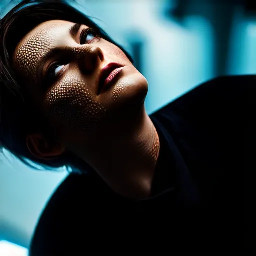 Ultra-photorealistic fantasy portrait, masterpiece, cinematic realism, 8K HDR, medium-format photography, physically based rendering, ultra-detailed skin with realistic pores, dramatic lighting, volumetric atmosphere, shallow depth of field.  full body very low angle looking up from ground level photo of a dimly lit by warm amber incandescent light in shadow svelte lithe voluptuous statuesque athletic toned female, Eris and her lovers a petite beautiful athletic female, Idunn & tall gorgeous female, Hera.  Eris is a cute gorgeous svelte athletic 23 year old Macedonian female with radiant warmly lit porcelain alabaster skin and mischievous nascent facial features. She has long wild vellus thick platinum & white hair Long Wavy Cut With Longer Face-Framing with large thick curls hairstyle with lighter tips. She wears a cropped open white/lilac snakeskin leather jacket with tarnished burnished brass buttons & rivets & a very low-rise waist dark cerulean, teal & cyan diffused watercolor splotch pattern with white paint splatter layered frilled silk microskirt. She has large bright pensive expressive eyes with a mischievous smirk, her eyes are bright pale jade with emerald highlights. she wears dark clear tortoise shell pattern Ray-Ban Wayfarer frame glasses. She has pale pearlescent lilac eyeshadow & smoky dark eyeliner. long manicured nails pearlescent white polish. She wears gold & diamond jewelry; earrings, bracelets, anklets, rings & a gold necklace with amethyst pendant, white marble bead bracelets. She wears white Nike sneakers with iridescent white & lilac details & logos.  Idunn is a petite beautiful athletic 24 year old Nordic female with radiant warmly lit light almond skin and rounded nascent facial features. She has long layers with chest-length framing platinum/pale gold blonde thick curled hair. She wears a cropped open dark crimson leather varsity jacket with a large Norse rune in gold & a very low-rise waist bright cropped red/crimson pleated cheerleader microskirt with gold edges. She has large bright inquisitive expressive eyes with a inquisitive demeanor, her eyes are bright pale hazel with light honey highlights. She has shimmering bronze eyeshadow & smoky dark eyeliner. long manicured nails pearlescent white & peach polish. She wears gold & diamond jewelry; earrings, bracelets, anklets, rings & a gold necklace with a ruby pendant and a gold Rolex Daytona watch with a mother-of-pearl face. She wears white Converse sneakers with pale gold & scarlet details & logos.  Hera is a cute gorgeous svelte athletic statuesque 26 year old Greek-Nordic mix female with radiant warmly lit porcelain almond skin and stoic facial features. She has long thick pale golden blonde hair Long symmetric layered with large soft gentle curls hairstyle. She wears a cropped open dark violet distressed & bleached denim jacket with tarnished burnished gold buttons & rivets & a very low-rise waist gold & mother-of-pearl sequin covered layered frilled silk microskirt. She has large bright expressive eyes with a calm soft smirk, her eyes are bright pale grey with slate highlights. she wears thin gold frame Oakley aviator frame glasses. She has pale pearlescent peach eyeshadow & smoky dark eyeliner. long manicured nails matte gold polish. She wears gold & pearl jewelry; earrings, bracelets, anklets, rings & a gold necklace with amethyst pendant, white pearl bead bracelets. She wears gold New Balance running shoes with pearlescent white & violet details & logos.  Eris leans against a white stucco wall near an open doorway of an outdoor rainfall shower on a balcony of a large Mediterranean mansion with flowering gardens & large mosaic tiled pool near the beach at early morning, the ground is littered with gold painted apples. While Idunn leans back pressed against Eris' torso with her back arched. Hera stands leaning on the opposite wall & looks over her shoulder towards the viewer. The scene is lit by warm amber diffused sunlight & incandescent light.
