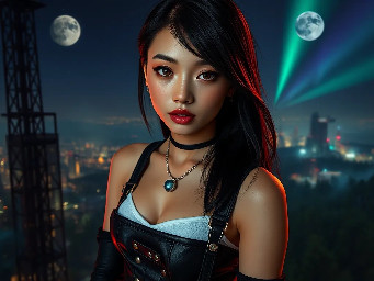 Ultra-photorealistic fantasy portrait, masterpiece, cinematic realism, 8K HDR, medium-format photography, physically based rendering, ultra-detailed skin with realistic pores, dim neon light, volumetric atmosphere, shallow depth of field.  Tila, a beautiful athletic cute slim petite regal 24 year old Caucasian-Korean female with soft rounded fine youthful nascent facial features facing the camera with a soft, confident gaze with bright pale hazel eyes with bright scarlet highlights. She has long thigh-length with side swept face framing bangs glossy black hair with dark chocolate brown highlights that is tied near the tip with a red silk hair scrunchie. She has warm almond skin pale pearlescent pale bronze eyeshadow & smoky eyeliner.  She wears a small tight cropped woven white cotton tank top. Her lower body is clad in low-rise black leather microskirt with box-pleats that sits low on her hips held up by black leather suspenders with tarnished silver buttons & buckles, black leather utility belt with small pouches with tarnished silver buckles & buttons. black silk thigh-high socks, long diamond necklace with a glowing blue bauble pendant, diamond bracelets with glowing baubles & beads. She wears crimson & black high-cut leather sneaker style boots. She wears skin-tight long black leather fingerless gloves, with an outer layer or short crimson leather fingerless gloves, with one arm adorned with a dark metal round studded elbow guard. The scene is set on a dark starry night with two moons of varying size in the sky & multicoloured auroras on the edge of an industrial cyberpunk metal clad skyscraper overlooking an industrial cyberpunk city with smoke, mist & a green glow surrounded by a lush expansive pine, spruce, sequoia & fir forest. Cinematic photography, DSLR camera photo taken with Canon EOS R5 75mm lens, real life captured details, genuine photo, authentic human details, micro details on skin, natural pores and fine hair, skin blemishes, visible beauty flaws, pretty natural appearance of the face, very beautiful looking people, detailed body positions, accurately shown facial details, natural lighting and realistic shadows,) A raw professional quality photorealistic high-detail natural realistic textures,  highly detailed  natural realistic textures, hyper realistic  soft detailed skin pores  textures.