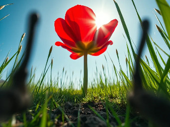 First-person POV from a tiny insect's perspective, 1-inch altitude. The center of the frame is completely clear and wide open. In the far left corner and far right corner of the foreground, two independent, unconnected, blurry black fuzzy shapes are peeking into the frame. These shapes look like out-of-focus, dark, hairy antennae pointing forward. There is no connection between the left and right shapes; the bottom center of the frame is empty soil and grass. Ahead, a massive red flower towers into the bright sky. Gigantic blades of grass stand like pillars on the sides. Extreme wide-angle lens, cinematic lens flares, morning dew, 8k, hyper-realistic macro photography. No animal faces, no bodies, no curved wire-like structures, just separate organic silhouettes.