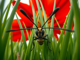 Extreme ground-level macro photography, 1st person POV. The camera is positioned at 2 inches height. Looking forward through two long, thin, black out-of-focus insect antennae that emerge from the bottom corners of the frame. In front of the camera, massive blades of grass tower like green skyscrapers. Huge, oversized red flower petals fill the upper background. Cinematic lighting, morning dew, 8k, photorealistic, sharp focus on the grass, extreme wide-angle lens. (NO BEE VISIBLE, ONLY ANTENNAE)