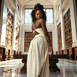 Ultra-detailed full body cinematic masterpiece, 8K, hyper-realistic shot low-angle below eye level at her waist looking up she's in the centre directly facing the camera lit by very faint sunlight. a graceful regal cute athletic voluptuous 20 year old East African Nubian/Habesha mixed princess standing in a vast white marble modern grand hall/library. She has thick elegant upswept bun long vellus dreadlocks loose locks framing her face with gold trinkets & radiant sweaty tanned dark cacao ebony skin. She has large bright regal hazel eyes framed with dark smoky eyeliner and pale shimmering gold eyeshadow & dark plum lipstick on her upper lip with a lighter plum tone on the lower lip. She wears a fitted very thin white chiffon silk halter bodice with a very deep plunging neckline & back and aa ankle-length flowing ribbon train made of two ribbon panels with dual wide symmetrical torso length splits along each leg, the dress has fine intricate angular shimmering gold symmetrical geometric pattern. Her jewelry is an elaborate black lace choker, gold circlet, earrings, chains, bracelets, armbands & anklets and elegant ivory & gold high stiletto shoes & glasses. She stands & leans back on a large ornate dark oak table eyes fixed on the camera. She has gold linear geometric patterns painted on her arms & shoulders. there's a puddle of water on the floor from her dripping wet dress. The setting is a grand sunlit white marble hall with tall soaring ceilings & grand white marble walls with towering dark wood shelves of books, a floor to ceiling rectangular-glass tinted window behind her with a polished patterned marble floor, casting warm amber diffused light and soft rim lighting around her silhouette. light rays cascade from the continuous glass windows near the ceiling refracting off the mild volumetric fog & dust in the room. The mood is bright, powerful & cinematic.  Palette of gold, white, ivory and amber.  Style: hyper-realistic & candid with afternoon sunlight in the grand space, diffused incandescent amber light, high detail, textures, no harsh direct bright light on the subject just warm refracted tones