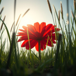 bject-less 1st person perspective, 1-inch ground-level macro shot. The camera is looking forward from inside a miniature world. Strictly two separate, dark, blurry vertical shapes emerge from the far left bottom edge and the far right bottom edge of the frame, leaning inward but with a wide empty gap between them. These shapes are heavily out-of-focus silhouettes of insect antennae. The center of the image is wide open and unobstructed, showing a giant red blooming flower in the distance. Enormous grass blades rise like towers on the sides. High-end macro lens aesthetics, cinematic sun flare, 8k resolution, extreme depth of field, realistic morning mist. No animal body, no insect head, no connected parts at the bottom.