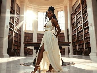 Ultra-detailed full body cinematic masterpiece, 8K, hyper-realistic shot low-angle below eye level at her waist looking up she's in the centre directly facing the camera lit by very faint sunlight. a graceful regal cute athletic voluptuous 20 year old East African Nubian/Habesha mixed princess standing in a vast white marble modern grand hall/library. She has thick elegant upswept bun long vellus dreadlocks loose locks framing her face with gold trinkets & radiant sweaty tanned dark cacao ebony skin. She has large bright regal hazel eyes framed with dark smoky eyeliner and pale shimmering gold eyeshadow & dark plum lipstick on her upper lip with a lighter plum tone on the lower lip. She wears a fitted very thin white chiffon silk halter bodice with a very deep plunging neckline & back and aa ankle-length flowing ribbon train made of two ribbon panels with dual wide symmetrical torso length splits along each leg, the dress has fine intricate angular shimmering gold symmetrical geometric pattern. Her jewelry is an elaborate black lace choker, gold circlet, earrings, chains, bracelets, armbands & anklets and elegant ivory & gold high stiletto shoes & glasses. She stands & leans back on a large ornate dark oak table eyes fixed on the camera. She has gold linear geometric patterns painted on her arms & shoulders. there's a puddle of water on the floor from her dripping wet dress. The setting is a grand sunlit white marble hall with tall soaring ceilings & grand white marble walls with towering dark wood shelves of books, a floor to ceiling rectangular-glass tinted window behind her with a polished patterned marble floor, casting warm amber diffused light and soft rim lighting around her silhouette. light rays cascade from the continuous glass windows near the ceiling refracting off the mild volumetric fog & dust in the room. The mood is bright, powerful & cinematic.  Palette of gold, white, ivory and amber.  Style: hyper-realistic & candid with afternoon sunlight in the grand space, diffused incandescent amber light, high detail, textures, no harsh direct bright light on the subject just warm refracted tones