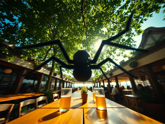 Subject-less first-person POV, flying at 2 meters height through a traditional Munich beer garden. The center of the frame is completely clear, wide open, and empty. In the far left and far right bottom corners, two separate, very thin, blurry black vertical silhouettes peek into the lens, pointing forward. No connection between these shapes at the bottom. Ahead, looking down at giant wooden beer garden tables with massive glass beer mugs. Sunlight filtering through chestnut leaves. Extreme wide-angle lens, cinematic summer atmosphere, 8k, photorealistic. Negative: No floating insects, no bug faces in center, no spider in front of lens, no creature in middle, no ghost-insect.