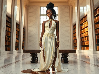 Ultra-detailed full body cinematic masterpiece, 8K, hyper-realistic shot low-angle below eye level at her waist looking up she's in the centre directly facing the camera lit by very faint sunlight. a graceful regal cute athletic voluptuous 20 year old East African Nubian/Habesha mixed princess standing in a vast white marble modern grand hall/library. She has thick elegant upswept bun long vellus dreadlocks loose locks framing her face with gold trinkets & radiant sweaty tanned dark cacao ebony skin. She has large bright regal hazel eyes framed with dark smoky eyeliner and pale shimmering gold eyeshadow & dark plum lipstick on her upper lip with a lighter plum tone on the lower lip. She wears a fitted very thin white chiffon silk halter bodice with a very deep plunging neckline & back and aa ankle-length flowing ribbon train made of two ribbon panels with dual wide symmetrical torso length splits along each leg, the dress has fine intricate angular shimmering gold symmetrical geometric pattern. Her jewelry is an elaborate black lace choker, gold circlet, earrings, chains, bracelets, armbands & anklets and elegant ivory & gold high stiletto shoes & glasses. She stands & leans back on a large ornate dark oak table eyes fixed on the camera. She has gold linear geometric patterns painted on her arms & shoulders. there's a puddle of water on the floor from her dripping wet dress. The setting is a grand sunlit white marble hall with tall soaring ceilings & grand white marble walls with towering dark wood shelves of books, a floor to ceiling rectangular-glass tinted window behind her with a polished patterned marble floor, casting warm amber diffused light and soft rim lighting around her silhouette. light rays cascade from the continuous glass windows near the ceiling refracting off the mild volumetric fog & dust in the room. The mood is bright, powerful & cinematic.  Palette of gold, white, ivory and amber.  Style: hyper-realistic & candid with afternoon sunlight in the grand space, diffused incandescent amber light, high detail, textures, no harsh direct bright light on the subject just warm refracted tones
