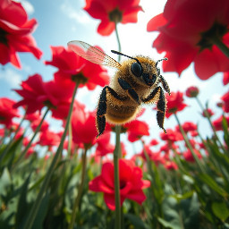 POV shot from 1 meter height, extreme wide-angle. Looking through the eyes of a bee flying over a giant flower meadow. In the bottom corners, fuzzy bee legs and black antennae are visible. Massive red roses look like skyscrapers. Cinematic macro photography, 8k resolution, highly detailed textures.