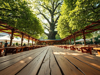Ground-level, extreme wide-angle 12mm shot inside a Munich beer garden. The camera is floating at 2 meters height, but everything is scaled up to appear monolithic. Giant wooden planks of a table stretch out like a vast landing strip. In the distance, a massive glass Maßkrug towers like a glass skyscraper. Huge chestnut leaves above form a dense, colossal canopy. The center of the frame is completely empty and clear, looking down a long row of tables. Cinematic summer sunlight. 8k resolution, hyper-realistic, architectural macro style. Negative: No insects, no animals, no people, no faces, no organic creatures, no flying objects.