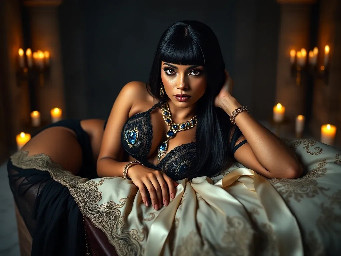 Ultra-photorealistic fantasy portrait, masterpiece, cinematic realism, 8K HDR, medium-format photography, physically based rendering, ultra-detailed skin with realistic pores, dramatic lighting, volumetric atmosphere, shallow depth of field.  Deity is Nephy, beautiful, tall 25 year old Egyptian-Turkish mixed enchantress, she has dark hazel eyes with amber highlights, with an inquisitive gaze. She has tanned almond radiant skin. She has shimmering dark blue eyeshadow and a smokey grey eyeliner. She has very long, glossy, thick, layered straight midnight black hair. She wears a black lace & satin and chiffon silk with a shimmering cobalt iridescence halter top with teardrop cutouts & microshorts. She wears ornate pale gold & dark blue sapphire cabochon jewelry; necklace with dark teal cabochon pendant, bracelets, earrings, anklets & rings. Black lace garter belt attached to thigh high sheer dark slate with a shimmering blue sparkling iridescence & pale gold lace upper border with pale gold filigree & dark sapphire cabochons.  Close-up centred portrait of a female deity laying slightly reclined on her side propped up on her elbows looking at the viewer on a large opulent ornate obsidian & gold open sarcophagus with ornately decorated silk sheets & puffy quilt in a dark chamber with sandstone rendered walls & polished white marble floors in a dimly candle lit Egyptian temple. the sheets are ivory with white floral embroidery, the thick quilt is a rich cream color with fine gold swirling filigree, numerous large white silk ribbons with ivory satin laurel leaf embroidery draped randomly on the sarcophagus. the scene though quite dark is illuminated by warm diffused amber candle light.Ultra-photorealistic fantasy portrait, masterpiece, cinematic realism, 8K HDR, medium-format photography, physically based rendering, ultra-detailed skin with realistic pores, dramatic lighting, volumetric atmosphere, shallow depth of field.  Deity is Nephy, beautiful, tall 25 year old Egyptian-Turkish mixed enchantress, she has dark hazel eyes with amber highlights, with an inquisitive gaze. She has tanned almond radiant skin. She has shimmering dark blue eyeshadow and a smokey grey eyeliner. She has very long, glossy, thick, layered straight midnight black hair. She wears a black lace & satin and chiffon silk with a shimmering cobalt iridescence halter top with teardrop cutouts & microshorts. She wears ornate pale gold & dark blue sapphire cabochon jewelry; necklace with dark teal cabochon pendant, bracelets, earrings, anklets & rings. Black lace garter belt attached to thigh high sheer dark slate with a shimmering blue sparkling iridescence & pale gold lace upper border with pale gold filigree & dark sapphire cabochons.  Close-up centred portrait of a female deity laying slightly reclined on her side propped up on her elbows looking at the viewer on a large opulent ornate obsidian & gold open sarcophagus with ornately decorated silk sheets & puffy quilt in a dark chamber with sandstone rendered walls & polished white marble floors in a dimly candle lit Egyptian temple. the sheets are ivory with white floral embroidery, the thick quilt is a rich cream color with fine gold swirling filigree, numerous large white silk ribbons with ivory satin laurel leaf embroidery draped randomly on the sarcophagus. the scene though quite dark is illuminated by warm diffused amber candle light.