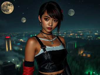 Ultra-photorealistic fantasy portrait, masterpiece, cinematic realism, 8K HDR, medium-format photography, physically based rendering, ultra-detailed skin with realistic pores, dim neon light, volumetric atmosphere, shallow depth of field.  Tila, a beautiful athletic cute slim petite regal 24 year old Caucasian-Korean female with soft rounded fine youthful nascent facial features facing the camera with a soft, confident gaze with bright pale hazel eyes with bright scarlet highlights. She has long thigh-length with side swept face framing bangs glossy black hair with dark chocolate brown highlights that is tied near the tip with a red silk hair scrunchie. She has warm almond skin pale pearlescent pale bronze eyeshadow & smoky eyeliner.  She wears a small tight cropped woven white cotton tank top. Her lower body is clad in low-rise black leather microskirt with box-pleats that sits low on her hips held up by black leather suspenders with tarnished silver buttons & buckles, black leather utility belt with small pouches with tarnished silver buckles & buttons. black silk thigh-high socks, long diamond necklace with a glowing blue bauble pendant, diamond bracelets with glowing baubles & beads. She wears crimson & black high-cut leather sneaker style boots. She wears skin-tight long black leather fingerless gloves, with an outer layer or short crimson leather fingerless gloves, with one arm adorned with a dark metal round studded elbow guard. The scene is set on a dark starry night with two moons of varying size in the sky & multicoloured auroras on the edge of an industrial cyberpunk metal clad skyscraper overlooking an industrial cyberpunk city with smoke, mist & a green glow surrounded by a lush expansive pine, spruce, sequoia & fir forest. Cinematic photography, DSLR camera photo taken with Canon EOS R5 75mm lens, real life captured details, genuine photo, authentic human details, micro details on skin, natural pores and fine hair, skin blemishes, visible beauty flaws, pretty natural appearance of the face, very beautiful looking people, detailed body positions, accurately shown facial details, natural lighting and realistic shadows,) A raw professional quality photorealistic high-detail natural realistic textures,  highly detailed  natural realistic textures, hyper realistic  soft detailed skin pores  textures.