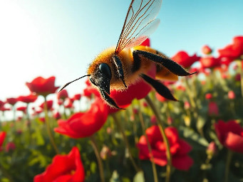 POV shot from 1 meter height, extreme wide-angle. Looking through the eyes of a bee flying over a giant flower meadow. In the bottom corners, fuzzy bee legs and black antennae are visible. Massive red roses look like skyscrapers. Cinematic macro photography, 8k resolution, highly detailed textures.