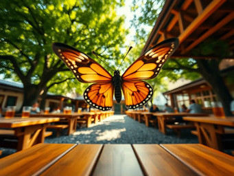 First-person POV from a butterfly's perspective, flying at 2 meters height through a traditional Munich beer garden. The center of the frame is wide open. In the far left and far right bottom corners, two separate, very thin, blurry black antennae silhouettes peek into the frame, pointing forward. No connection between the shapes. Below, blurred gravel ground and wooden table legs. Ahead, giant wooden beer garden tables with massive glass beer mugs filled with amber beer. Huge chestnut trees with green leaves tower above. Sunlight filtering through leaves (komorebi). Extreme wide-angle lens, cinematic summer atmosphere, 8k, photorealistic, motion blur. No insect head or body visible.