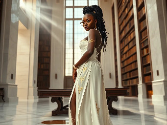 Ultra-detailed full body cinematic masterpiece, 8K, hyper-realistic shot low-angle below eye level at her waist looking up she's in the centre directly facing the camera lit by very faint sunlight. a graceful regal cute athletic voluptuous 20 year old East African Nubian/Habesha mixed princess standing in a vast white marble modern grand hall/library. She has thick elegant upswept bun long vellus dreadlocks loose locks framing her face with gold trinkets & radiant sweaty tanned dark cacao ebony skin. She has large bright regal hazel eyes framed with dark smoky eyeliner and pale shimmering gold eyeshadow & dark plum lipstick on her upper lip with a lighter plum tone on the lower lip. She wears a fitted very thin white chiffon silk halter bodice with a very deep plunging neckline & back and aa ankle-length flowing ribbon train made of two ribbon panels with dual wide symmetrical torso length splits along each leg, the dress has fine intricate angular shimmering gold symmetrical geometric pattern. Her jewelry is an elaborate black lace choker, gold circlet, earrings, chains, bracelets, armbands & anklets and elegant ivory & gold high stiletto shoes & glasses. She stands & leans back on a large ornate dark oak table eyes fixed on the camera. She has gold linear geometric patterns painted on her arms & shoulders. there's a puddle of water on the floor from her dripping wet dress. The setting is a grand sunlit white marble hall with tall soaring ceilings & grand white marble walls with towering dark wood shelves of books, a floor to ceiling rectangular-glass tinted window behind her with a polished patterned marble floor, casting warm amber diffused light and soft rim lighting around her silhouette. light rays cascade from the continuous glass windows near the ceiling refracting off the mild volumetric fog & dust in the room. The mood is bright, powerful & cinematic.  Palette of gold, white, ivory and amber.  Style: hyper-realistic & candid with afternoon sunlight in the grand space, diffused incandescent amber light, high detail, textures, no harsh direct bright light on the subject just warm refracted tones