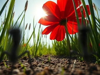First-person POV from a tiny insect's perspective, 1-inch altitude. The center of the frame is completely clear and wide open. In the far left corner and far right corner of the foreground, two independent, unconnected, blurry black fuzzy shapes are peeking into the frame. These shapes look like out-of-focus, dark, hairy antennae pointing forward. There is no connection between the left and right shapes; the bottom center of the frame is empty soil and grass. Ahead, a massive red flower towers into the bright sky. Gigantic blades of grass stand like pillars on the sides. Extreme wide-angle lens, cinematic lens flares, morning dew, 8k, hyper-realistic macro photography. No animal faces, no bodies, no curved wire-like structures, just separate organic silhouettes.