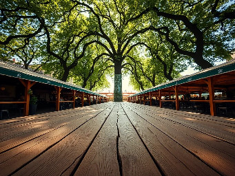 Ground-level, extreme wide-angle 12mm shot inside a Munich beer garden. The camera is floating at 2 meters height, but everything is scaled up to appear monolithic. Giant wooden planks of a table stretch out like a vast landing strip. In the distance, a massive glass Maßkrug towers like a glass skyscraper. Huge chestnut leaves above form a dense, colossal canopy. The center of the frame is completely empty and clear, looking down a long row of tables. Cinematic summer sunlight. 8k resolution, hyper-realistic, architectural macro style. Negative: No insects, no animals, no people, no faces, no organic creatures, no flying objects.