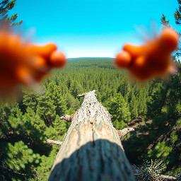 First-person POV from a squirrel's perspective, 30 meters high on a pine tree tip. The center of the frame is completely clear and wide open. In the far left and far right bottom corners, two unconnected blurry reddish-brown furry shapes peek into the frame, representing whiskers and paws pointing forward. There is no connection between the left and right shapes; the bottom center of the frame shows the rough bark of a thin branch. Ahead, a massive sea of green forest canopy stretches to the horizon under a bright blue sky. Small pine needles and cones are visible in extreme close-up at the edges. Extreme wide-angle lens, slight fisheye effect, cinematic sunlight, 8k, hyper-realistic photography. No animal faces or heads visible.