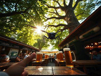 Subject-less first-person POV, flying at 2 meters height through a traditional Munich beer garden. The center of the frame is completely clear and open. In the far left and far right bottom corners, two separate, very thin, blurry black vertical silhouettes peek into the lens, pointing forward. No connection between these shapes at the bottom. Ahead, looking down at giant wooden beer garden tables with massive glass beer mugs filled with amber beer. Huge chestnut trees tower above. Sunlight filtering through leaves (komorebi). Extreme wide-angle lens, cinematic summer atmosphere, 8k, photorealistic, motion blur. Absolutely no insect head, no eyes, and no body parts visible. Just the world from a tiny perspective.