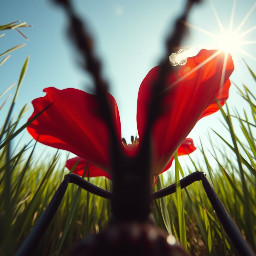 Subject-less 1st person POV, extreme close-up macro. The camera is placed 1 inch above ground. Two separate, fuzzy black vertical obstructions are positioned strictly in the far left and far right bottom corners, pointing toward the center background but never touching each other. They appear as blurry out-of-focus insect antennae. The central view is clear, showing a massive red flower looming ahead. Gigantic blades of grass flank the sides like trees. Cinematic sun flares hitting the lens, morning atmosphere, 8k resolution, ultra-wide angle, hyper-realistic. No animal head, no eyes, no mouth visible.