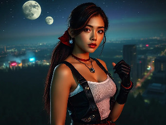 Ultra-photorealistic fantasy portrait, masterpiece, cinematic realism, 8K HDR, medium-format photography, physically based rendering, ultra-detailed skin with realistic pores, dim neon light, volumetric atmosphere, shallow depth of field.  Tila, a beautiful athletic cute slim petite regal 24 year old Caucasian-Korean female with soft rounded fine youthful nascent facial features facing the camera with a soft, confident gaze with bright pale hazel eyes with bright scarlet highlights. She has long thigh-length with side swept face framing bangs glossy black hair with dark chocolate brown highlights that is tied near the tip with a red silk hair scrunchie. She has warm almond skin pale pearlescent pale bronze eyeshadow & smoky eyeliner.  She wears a small tight cropped woven white cotton tank top. Her lower body is clad in low-rise black leather microskirt with box-pleats that sits low on her hips held up by black leather suspenders with tarnished silver buttons & buckles, black leather utility belt with small pouches with tarnished silver buckles & buttons. black silk thigh-high socks, long diamond necklace with a glowing blue bauble pendant, diamond bracelets with glowing baubles & beads. She wears crimson & black high-cut leather sneaker style boots. She wears skin-tight long black leather fingerless gloves, with an outer layer or short crimson leather fingerless gloves, with one arm adorned with a dark metal round studded elbow guard. The scene is set on a dark starry night with two moons of varying size in the sky & multicoloured auroras on the edge of an industrial cyberpunk metal clad skyscraper overlooking an industrial cyberpunk city with smoke, mist & a green glow surrounded by a lush expansive pine, spruce, sequoia & fir forest. Cinematic photography, DSLR camera photo taken with Canon EOS R5 75mm lens, real life captured details, genuine photo, authentic human details, micro details on skin, natural pores and fine hair, skin blemishes, visible beauty flaws, pretty natural appearance of the face, very beautiful looking people, detailed body positions, accurately shown facial details, natural lighting and realistic shadows,) A raw professional quality photorealistic high-detail natural realistic textures,  highly detailed  natural realistic textures, hyper realistic  soft detailed skin pores  textures.