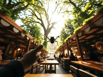 Subject-less first-person POV, flying at 2 meters height through a traditional Munich beer garden. The center of the frame is completely clear and open. In the far left and far right bottom corners, two separate, very thin, blurry black vertical silhouettes peek into the lens, pointing forward. No connection between these shapes at the bottom. Ahead, looking down at giant wooden beer garden tables with massive glass beer mugs filled with amber beer. Huge chestnut trees tower above. Sunlight filtering through leaves (komorebi). Extreme wide-angle lens, cinematic summer atmosphere, 8k, photorealistic, motion blur. Absolutely no insect head, no eyes, and no body parts visible. Just the world from a tiny perspective.