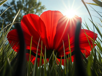 Subject-less 1st person POV, extreme close-up macro. The camera is placed 1 inch above ground. Two separate, fuzzy black vertical obstructions are positioned strictly in the far left and far right bottom corners, pointing toward the center background but never touching each other. They appear as blurry out-of-focus insect antennae. The central view is clear, showing a massive red flower looming ahead. Gigantic blades of grass flank the sides like trees. Cinematic sun flares hitting the lens, morning atmosphere, 8k resolution, ultra-wide angle, hyper-realistic. No animal head, no eyes, no mouth visible.