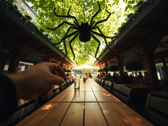 Subject-less first-person POV, flying at 2 meters height through a traditional Munich beer garden. The center of the frame is completely clear, wide open, and empty. In the far left and far right bottom corners, two separate, very thin, blurry black vertical silhouettes peek into the lens, pointing forward. No connection between these shapes at the bottom. Ahead, looking down at giant wooden beer garden tables with massive glass beer mugs. Sunlight filtering through chestnut leaves. Extreme wide-angle lens, cinematic summer atmosphere, 8k, photorealistic. Negative: No floating insects, no bug faces in center, no spider in front of lens, no creature in middle, no ghost-insect.