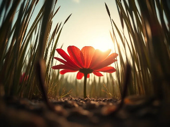 bject-less 1st person perspective, 1-inch ground-level macro shot. The camera is looking forward from inside a miniature world. Strictly two separate, dark, blurry vertical shapes emerge from the far left bottom edge and the far right bottom edge of the frame, leaning inward but with a wide empty gap between them. These shapes are heavily out-of-focus silhouettes of insect antennae. The center of the image is wide open and unobstructed, showing a giant red blooming flower in the distance. Enormous grass blades rise like towers on the sides. High-end macro lens aesthetics, cinematic sun flare, 8k resolution, extreme depth of field, realistic morning mist. No animal body, no insect head, no connected parts at the bottom.