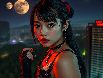 Ultra-photorealistic fantasy portrait, masterpiece, cinematic realism, 8K HDR, medium-format photography, physically based rendering, ultra-detailed skin with realistic pores, dim neon light, volumetric atmosphere, shallow depth of field.  Tila, a beautiful athletic cute slim petite regal 24 year old Caucasian-Korean female with soft rounded fine youthful nascent facial features facing the camera with a soft, confident gaze with bright pale hazel eyes with bright scarlet highlights. She has long thigh-length with side swept face framing bangs glossy black hair with dark chocolate brown highlights that is tied near the tip with a red silk hair scrunchie. She has warm almond skin pale pearlescent pale bronze eyeshadow & smoky eyeliner.  She wears a small tight cropped woven white cotton tank top. Her lower body is clad in low-rise black leather microskirt with box-pleats that sits low on her hips held up by black leather suspenders with tarnished silver buttons & buckles, black leather utility belt with small pouches with tarnished silver buckles & buttons. black silk thigh-high socks, long diamond necklace with a glowing blue bauble pendant, diamond bracelets with glowing baubles & beads. She wears crimson & black high-cut leather sneaker style boots. She wears skin-tight long black leather fingerless gloves, with an outer layer or short crimson leather fingerless gloves, with one arm adorned with a dark metal round studded elbow guard. The scene is set on a dark starry night with two moons of varying size in the sky & multicoloured auroras on the edge of an industrial cyberpunk metal clad skyscraper overlooking an industrial cyberpunk city with smoke, mist & a green glow surrounded by a lush expansive pine, spruce, sequoia & fir forest. Cinematic photography, DSLR camera photo taken with Canon EOS R5 75mm lens, real life captured details, genuine photo, authentic human details, micro details on skin, natural pores and fine hair, skin blemishes, visible beauty flaws, pretty natural appearance of the face, very beautiful looking people, detailed body positions, accurately shown facial details, natural lighting and realistic shadows,) A raw professional quality photorealistic high-detail natural realistic textures,  highly detailed  natural realistic textures, hyper realistic  soft detailed skin pores  textures.