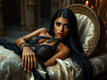 Ultra-photorealistic fantasy portrait, masterpiece, cinematic realism, 8K HDR, medium-format photography, physically based rendering, ultra-detailed skin with realistic pores, dramatic lighting, volumetric atmosphere, shallow depth of field.  Deity is Nephy, beautiful, tall 25 year old Egyptian-Turkish mixed enchantress, she has dark hazel eyes with amber highlights, with an inquisitive gaze. She has tanned almond radiant skin. She has shimmering dark blue eyeshadow and a smokey grey eyeliner. She has very long, glossy, thick, layered straight midnight black hair. She wears a black lace & satin and chiffon silk with a shimmering cobalt iridescence halter top with teardrop cutouts & microshorts. She wears ornate pale gold & dark blue sapphire cabochon jewelry; necklace with dark teal cabochon pendant, bracelets, earrings, anklets & rings. Black lace garter belt attached to thigh high sheer dark slate with a shimmering blue sparkling iridescence & pale gold lace upper border with pale gold filigree & dark sapphire cabochons.  Close-up centred portrait of a female deity laying slightly reclined on her side propped up on her elbows looking at the viewer on a large opulent ornate obsidian & gold open sarcophagus with ornately decorated silk sheets & puffy quilt in a dark chamber with sandstone rendered walls & polished white marble floors in a dimly candle lit Egyptian temple. the sheets are ivory with white floral embroidery, the thick quilt is a rich cream color with fine gold swirling filigree, numerous large white silk ribbons with ivory satin laurel leaf embroidery draped randomly on the sarcophagus. the scene though quite dark is illuminated by warm diffused amber candle light.Ultra-photorealistic fantasy portrait, masterpiece, cinematic realism, 8K HDR, medium-format photography, physically based rendering, ultra-detailed skin with realistic pores, dramatic lighting, volumetric atmosphere, shallow depth of field.  Deity is Nephy, beautiful, tall 25 year old Egyptian-Turkish mixed enchantress, she has dark hazel eyes with amber highlights, with an inquisitive gaze. She has tanned almond radiant skin. She has shimmering dark blue eyeshadow and a smokey grey eyeliner. She has very long, glossy, thick, layered straight midnight black hair. She wears a black lace & satin and chiffon silk with a shimmering cobalt iridescence halter top with teardrop cutouts & microshorts. She wears ornate pale gold & dark blue sapphire cabochon jewelry; necklace with dark teal cabochon pendant, bracelets, earrings, anklets & rings. Black lace garter belt attached to thigh high sheer dark slate with a shimmering blue sparkling iridescence & pale gold lace upper border with pale gold filigree & dark sapphire cabochons.  Close-up centred portrait of a female deity laying slightly reclined on her side propped up on her elbows looking at the viewer on a large opulent ornate obsidian & gold open sarcophagus with ornately decorated silk sheets & puffy quilt in a dark chamber with sandstone rendered walls & polished white marble floors in a dimly candle lit Egyptian temple. the sheets are ivory with white floral embroidery, the thick quilt is a rich cream color with fine gold swirling filigree, numerous large white silk ribbons with ivory satin laurel leaf embroidery draped randomly on the sarcophagus. the scene though quite dark is illuminated by warm diffused amber candle light.