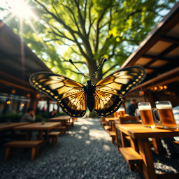 First-person POV from a butterfly's perspective, flying at 2 meters height through a traditional Munich beer garden. The center of the frame is wide open. In the far left and far right bottom corners, two separate, very thin, blurry black antennae silhouettes peek into the frame, pointing forward. No connection between the shapes. Below, blurred gravel ground and wooden table legs. Ahead, giant wooden beer garden tables with massive glass beer mugs filled with amber beer. Huge chestnut trees with green leaves tower above. Sunlight filtering through leaves (komorebi). Extreme wide-angle lens, cinematic summer atmosphere, 8k, photorealistic, motion blur. No insect head or body visible.