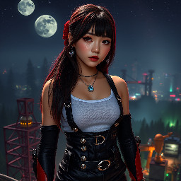 Ultra-photorealistic fantasy portrait, masterpiece, cinematic realism, 8K HDR, medium-format photography, physically based rendering, ultra-detailed skin with realistic pores, dim neon light, volumetric atmosphere, shallow depth of field.  Tila, a beautiful athletic cute slim petite regal 24 year old Caucasian-Korean female with soft rounded fine youthful nascent facial features facing the camera with a soft, confident gaze with bright pale hazel eyes with bright scarlet highlights. She has long thigh-length with side swept face framing bangs glossy black hair with dark chocolate brown highlights that is tied near the tip with a red silk hair scrunchie. She has warm almond skin pale pearlescent pale bronze eyeshadow & smoky eyeliner.  She wears a small tight cropped woven white cotton tank top. Her lower body is clad in low-rise black leather microskirt with box-pleats that sits low on her hips held up by black leather suspenders with tarnished silver buttons & buckles, black leather utility belt with small pouches with tarnished silver buckles & buttons. black silk thigh-high socks, long diamond necklace with a glowing blue bauble pendant, diamond bracelets with glowing baubles & beads. She wears crimson & black high-cut leather sneaker style boots. She wears skin-tight long black leather fingerless gloves, with an outer layer or short crimson leather fingerless gloves, with one arm adorned with a dark metal round studded elbow guard. The scene is set on a dark starry night with two moons of varying size in the sky & multicoloured auroras on the edge of an industrial cyberpunk metal clad skyscraper overlooking an industrial cyberpunk city with smoke, mist & a green glow surrounded by a lush expansive pine, spruce, sequoia & fir forest. Cinematic photography, DSLR camera photo taken with Canon EOS R5 75mm lens, real life captured details, genuine photo, authentic human details, micro details on skin, natural pores and fine hair, skin blemishes, visible beauty flaws, pretty natural appearance of the face, very beautiful looking people, detailed body positions, accurately shown facial details, natural lighting and realistic shadows,) A raw professional quality photorealistic high-detail natural realistic textures,  highly detailed  natural realistic textures, hyper realistic  soft detailed skin pores  textures.