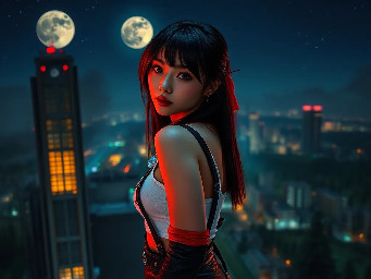 Ultra-photorealistic fantasy portrait, masterpiece, cinematic realism, 8K HDR, medium-format photography, physically based rendering, ultra-detailed skin with realistic pores, dim neon light, volumetric atmosphere, shallow depth of field.  Tila, a beautiful athletic cute slim petite regal 24 year old Caucasian-Korean female with soft rounded fine youthful nascent facial features facing the camera with a soft, confident gaze with bright pale hazel eyes with bright scarlet highlights. She has long thigh-length with side swept face framing bangs glossy black hair with dark chocolate brown highlights that is tied near the tip with a red silk hair scrunchie. She has warm almond skin pale pearlescent pale bronze eyeshadow & smoky eyeliner.  She wears a small tight cropped woven white cotton tank top. Her lower body is clad in low-rise black leather microskirt with box-pleats that sits low on her hips held up by black leather suspenders with tarnished silver buttons & buckles, black leather utility belt with small pouches with tarnished silver buckles & buttons. black silk thigh-high socks, long diamond necklace with a glowing blue bauble pendant, diamond bracelets with glowing baubles & beads. She wears crimson & black high-cut leather sneaker style boots. She wears skin-tight long black leather fingerless gloves, with an outer layer or short crimson leather fingerless gloves, with one arm adorned with a dark metal round studded elbow guard. The scene is set on a dark starry night with two moons of varying size in the sky & multicoloured auroras on the edge of an industrial cyberpunk metal clad skyscraper overlooking an industrial cyberpunk city with smoke, mist & a green glow surrounded by a lush expansive pine, spruce, sequoia & fir forest. Cinematic photography, DSLR camera photo taken with Canon EOS R5 75mm lens, real life captured details, genuine photo, authentic human details, micro details on skin, natural pores and fine hair, skin blemishes, visible beauty flaws, pretty natural appearance of the face, very beautiful looking people, detailed body positions, accurately shown facial details, natural lighting and realistic shadows,) A raw professional quality photorealistic high-detail natural realistic textures,  highly detailed  natural realistic textures, hyper realistic  soft detailed skin pores  textures.
