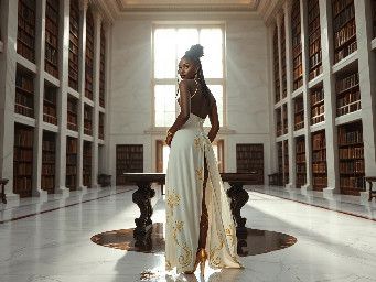 Ultra-detailed full body cinematic masterpiece, 8K, hyper-realistic shot low-angle below eye level at her waist looking up she's in the centre directly facing the camera lit by very faint sunlight. a graceful regal cute athletic voluptuous 20 year old East African Nubian/Habesha mixed princess standing in a vast white marble modern grand hall/library. She has thick elegant upswept bun long vellus dreadlocks loose locks framing her face with gold trinkets & radiant sweaty tanned dark cacao ebony skin. She has large bright regal hazel eyes framed with dark smoky eyeliner and pale shimmering gold eyeshadow & dark plum lipstick on her upper lip with a lighter plum tone on the lower lip. She wears a fitted very thin white chiffon silk halter bodice with a very deep plunging neckline & back and aa ankle-length flowing ribbon train made of two ribbon panels with dual wide symmetrical torso length splits along each leg, the dress has fine intricate angular shimmering gold symmetrical geometric pattern. Her jewelry is an elaborate black lace choker, gold circlet, earrings, chains, bracelets, armbands & anklets and elegant ivory & gold high stiletto shoes & glasses. She stands & leans back on a large ornate dark oak table eyes fixed on the camera. She has gold linear geometric patterns painted on her arms & shoulders. there's a puddle of water on the floor from her dripping wet dress. The setting is a grand sunlit white marble hall with tall soaring ceilings & grand white marble walls with towering dark wood shelves of books, a floor to ceiling rectangular-glass tinted window behind her with a polished patterned marble floor, casting warm amber diffused light and soft rim lighting around her silhouette. light rays cascade from the continuous glass windows near the ceiling refracting off the mild volumetric fog & dust in the room. The mood is bright, powerful & cinematic.  Palette of gold, white, ivory and amber.  Style: hyper-realistic & candid with afternoon sunlight in the grand space, diffused incandescent amber light, high detail, textures, no harsh direct bright light on the subject just warm refracted tones