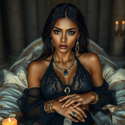Ultra-photorealistic fantasy portrait, masterpiece, cinematic realism, 8K HDR, medium-format photography, physically based rendering, ultra-detailed skin with realistic pores, dramatic lighting, volumetric atmosphere, shallow depth of field.  Deity is Nephy, beautiful, tall 25 year old Egyptian-Turkish mixed enchantress, she has dark hazel eyes with amber highlights, with an inquisitive gaze. She has tanned almond radiant skin. She has shimmering dark blue eyeshadow and a smokey grey eyeliner. She has very long, glossy, thick, layered straight midnight black hair. She wears a black lace & satin and chiffon silk with a shimmering cobalt iridescence halter top with teardrop cutouts & microshorts. She wears ornate pale gold & dark blue sapphire cabochon jewelry; necklace with dark teal cabochon pendant, bracelets, earrings, anklets & rings. Black lace garter belt attached to thigh high sheer dark slate with a shimmering blue sparkling iridescence & pale gold lace upper border with pale gold filigree & dark sapphire cabochons.  Close-up centred portrait of a female deity laying slightly reclined on her side propped up on her elbows looking at the viewer on a large opulent ornate obsidian & gold open sarcophagus with ornately decorated silk sheets & puffy quilt in a dark chamber with sandstone rendered walls & polished white marble floors in a dimly candle lit Egyptian temple. the sheets are ivory with white floral embroidery, the thick quilt is a rich cream color with fine gold swirling filigree, numerous large white silk ribbons with ivory satin laurel leaf embroidery draped randomly on the sarcophagus. the scene though quite dark is illuminated by warm diffused amber candle light.Ultra-photorealistic fantasy portrait, masterpiece, cinematic realism, 8K HDR, medium-format photography, physically based rendering, ultra-detailed skin with realistic pores, dramatic lighting, volumetric atmosphere, shallow depth of field.  Deity is Nephy, beautiful, tall 25 year old Egyptian-Turkish mixed enchantress, she has dark hazel eyes with amber highlights, with an inquisitive gaze. She has tanned almond radiant skin. She has shimmering dark blue eyeshadow and a smokey grey eyeliner. She has very long, glossy, thick, layered straight midnight black hair. She wears a black lace & satin and chiffon silk with a shimmering cobalt iridescence halter top with teardrop cutouts & microshorts. She wears ornate pale gold & dark blue sapphire cabochon jewelry; necklace with dark teal cabochon pendant, bracelets, earrings, anklets & rings. Black lace garter belt attached to thigh high sheer dark slate with a shimmering blue sparkling iridescence & pale gold lace upper border with pale gold filigree & dark sapphire cabochons.  Close-up centred portrait of a female deity laying slightly reclined on her side propped up on her elbows looking at the viewer on a large opulent ornate obsidian & gold open sarcophagus with ornately decorated silk sheets & puffy quilt in a dark chamber with sandstone rendered walls & polished white marble floors in a dimly candle lit Egyptian temple. the sheets are ivory with white floral embroidery, the thick quilt is a rich cream color with fine gold swirling filigree, numerous large white silk ribbons with ivory satin laurel leaf embroidery draped randomly on the sarcophagus. the scene though quite dark is illuminated by warm diffused amber candle light.